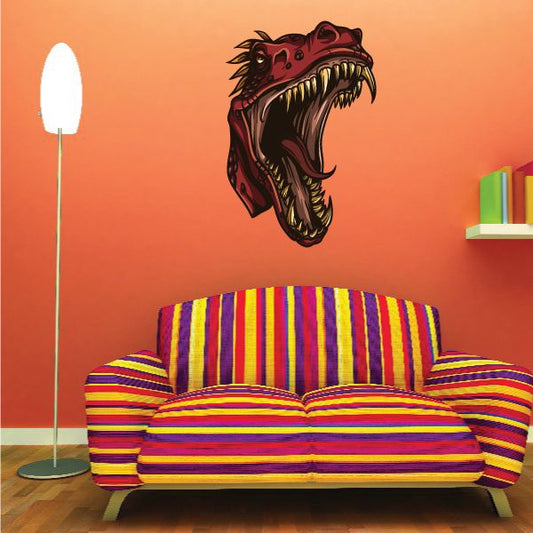 Raptor head roar wall sticker with open mouth and teeth, red and black
