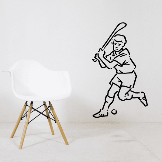 Field hockey player wall decal, black line art of player holding stick and ball