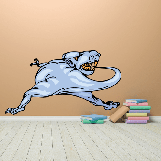 Fierce blue dinosaur sticker with open mouth and orange teeth