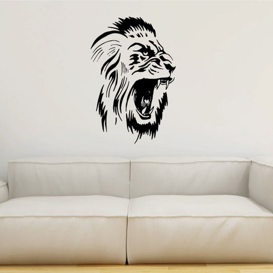 Roaring lion head decal, black line art illustration with open mouth