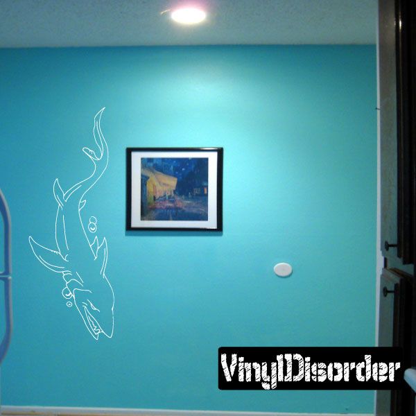 Shark hunting wall decal, white line art of a fierce shark with spear.