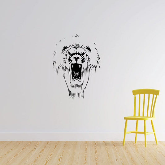 Lion head wall decal with roaring face, bold black and white design