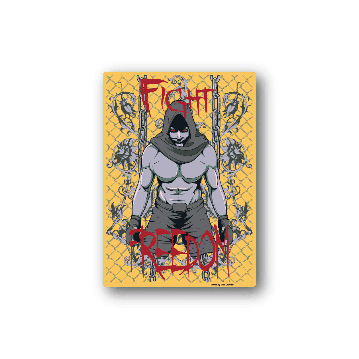 Yellow rectangular vinyl sticker with hooded warrior and red Freedom lettering