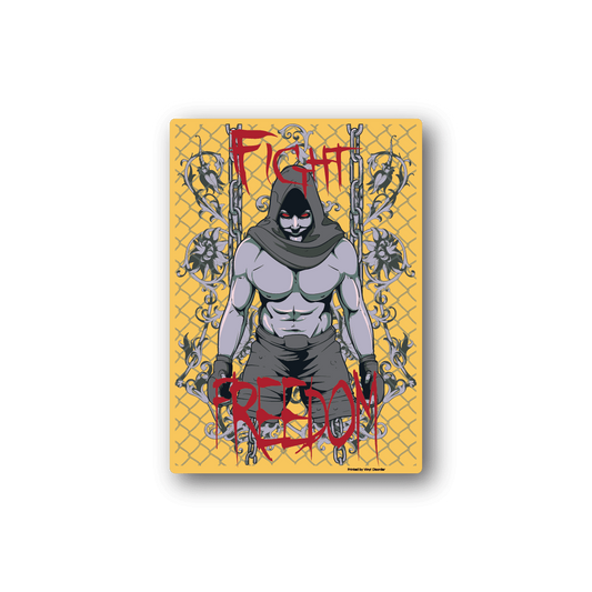 Yellow rectangular vinyl sticker with hooded warrior and red Freedom lettering