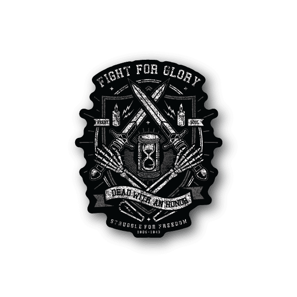 Black vinyl sticker with crossed swords, candles, and Fight for Glory crest.