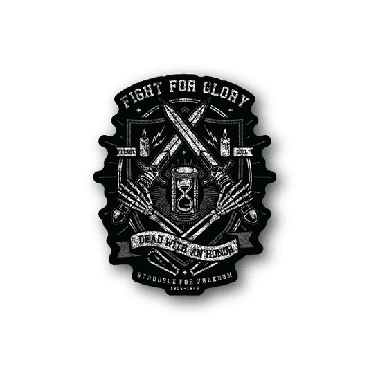 Black vinyl sticker with crossed swords, candles, and Fight for Glory crest.