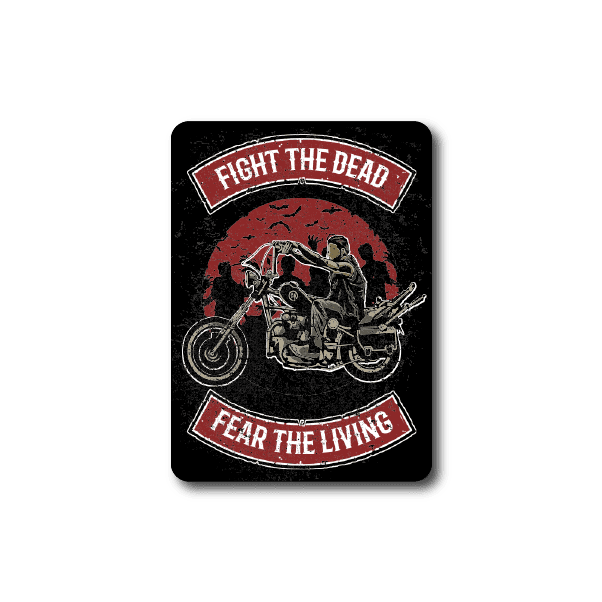Vinyl sticker with red motorcycle graphic and text: 'FIGHT THE DEAD' / 'FEAR THE LIVING'.