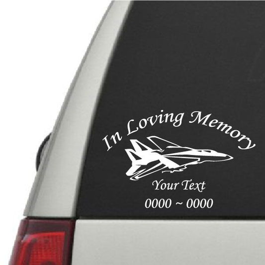 Memorial fighter jet decal with "In Loving Memory" and customizable "Your Text"