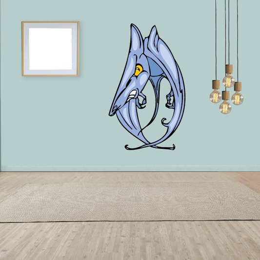 Fighting pterosaur printed decal, blue cartoon head with yellow eye