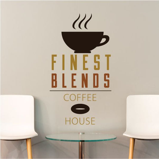 Printed decal with coffee cup icon and 'Finest Blends Coffee House' lettering