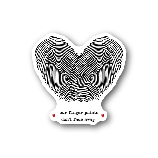 Vinyl heart sticker with black-and-white fingerprint lines and red heart accents