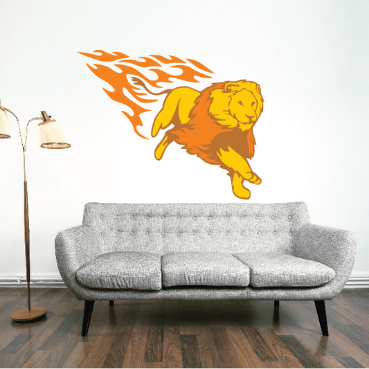 Fire lion decal sticker, yellow-orange roaring with flame mane and tail