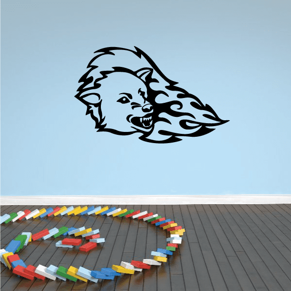 Wolf head fire-fur decal with flame-like markings, outlined in black and light gray.