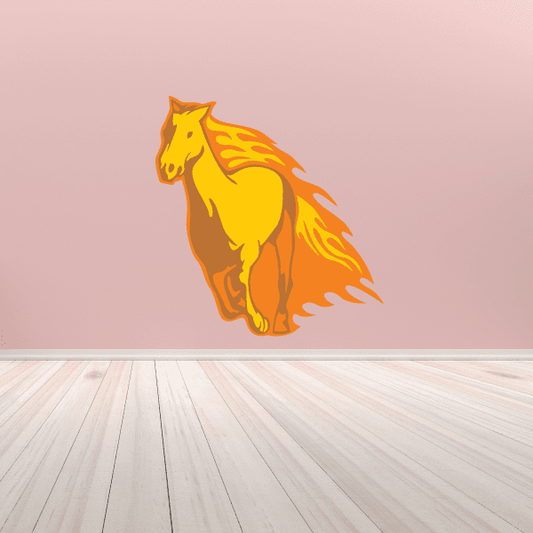 Fire galloping horse sticker, orange and yellow flame-style horse silhouette