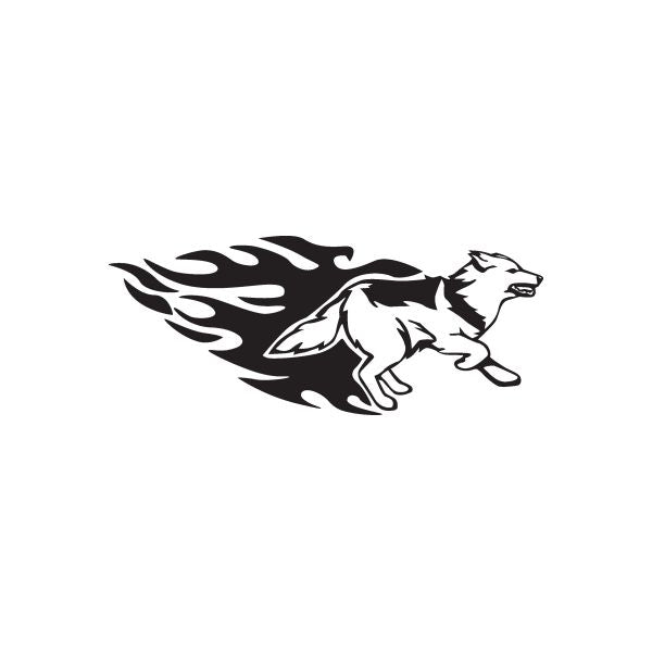 Sprinting wolf decal with black flame tail and white wolf face and legs