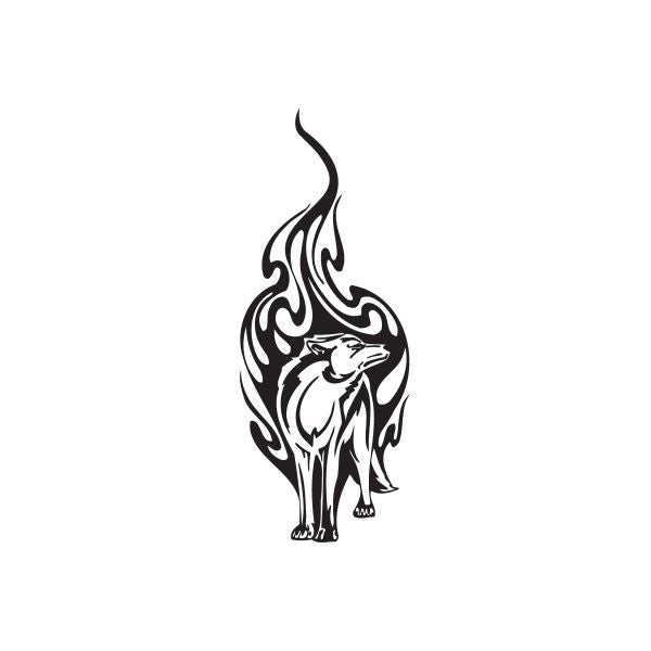 Standing wolf decal with flame design, black silhouette
