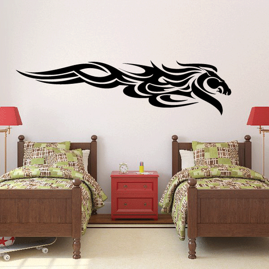 Black horse head fire swirl decal with tribal flames and eye detail