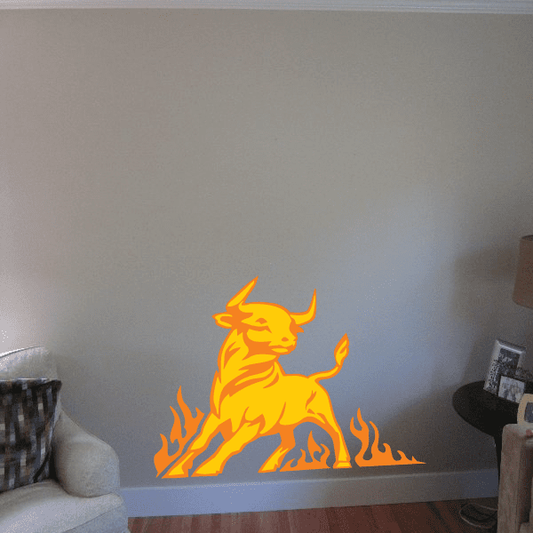 Flame bull decal sticker, bright orange and yellow with fire accents