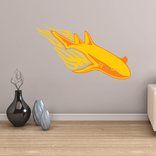 Fire trail swimming shark sticker, orange and yellow flame design on shark