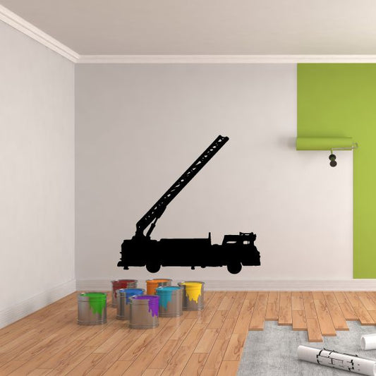Fire truck extended ladder wall decal in black silhouette