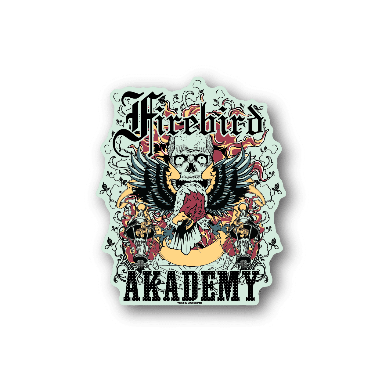 Vinyl sticker with Firebird Akademy winged graphic, multicolor