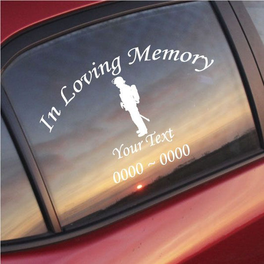 Fireman memorial decal with 'In Loving Memory' script and 'Your Text' placeholder