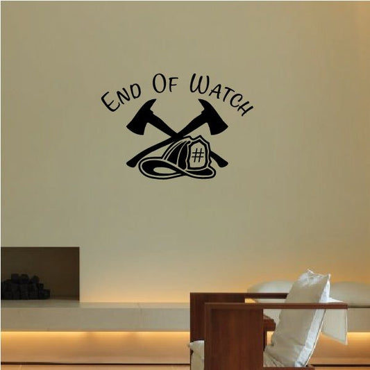 Fireman end of watch vinyl decal with crossed arrows and fire helmet badge, black