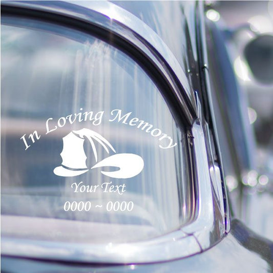 Firefighter helmet decal with “In Loving Memory” text and dove icon
