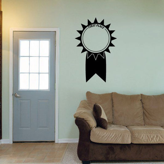 First Place ribbon wall decal with rosette and banner, black and light gray