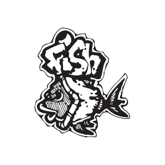 Black graffiti fish decal with stylized splashes and bold lettering