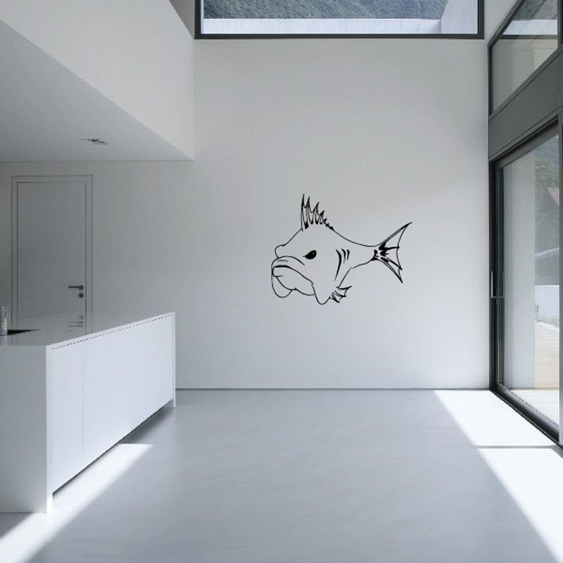 Fish wall decal vinyl sticker with black line art fish swimming to the right
