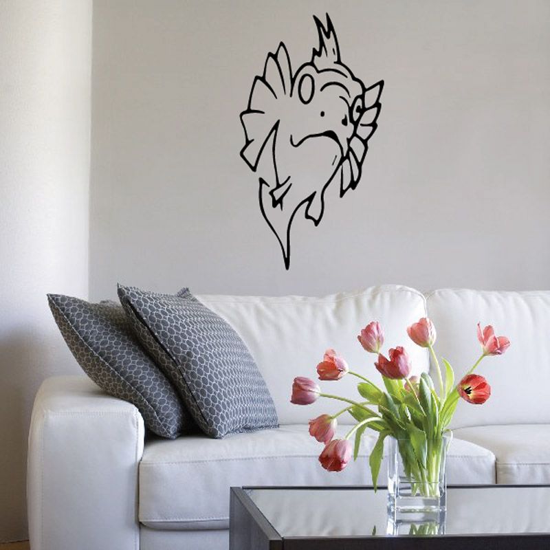 Black outline fish wall decal with spiky fins and tail