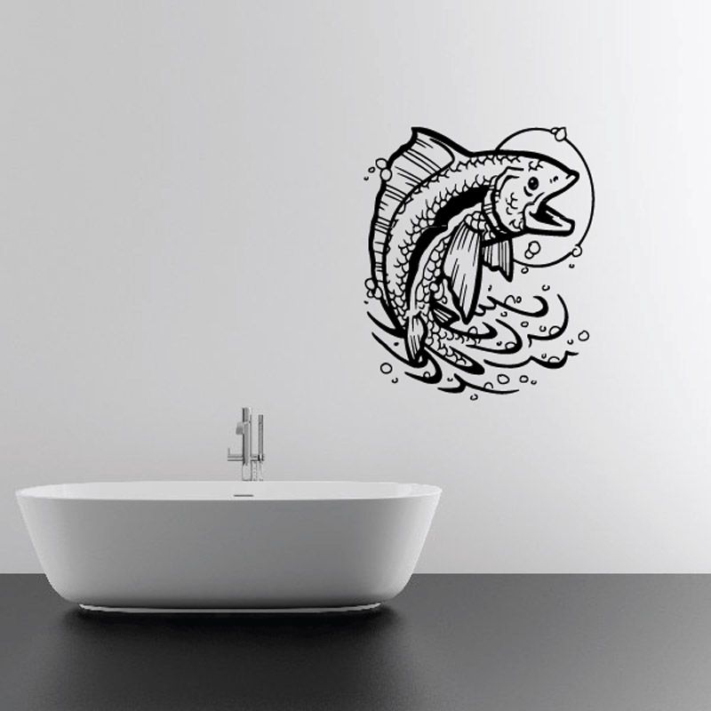 Fish wall decal vinyl sticker, black line-art jumping fish with bubbles