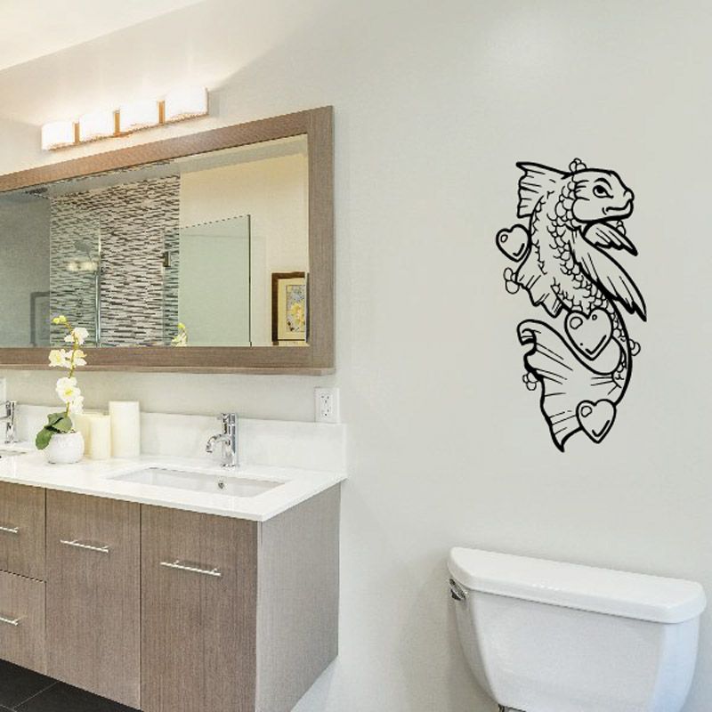 Black fish wall decal with heart accents, vinyl sticker for home or car