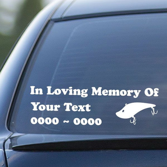In Loving Memory car decal with placeholder text and mortarboard icon