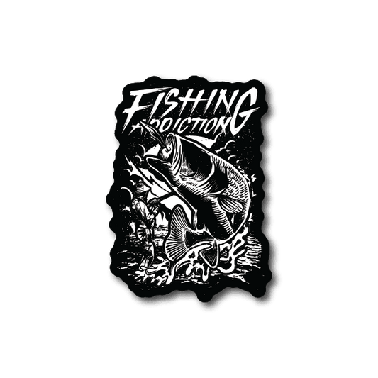Vinyl sticker with black-and-white fish illustration and Fishing Addiction script