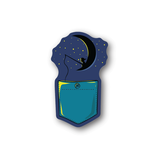 Vinyl sticker featuring a child fishing on a blue moon with stars