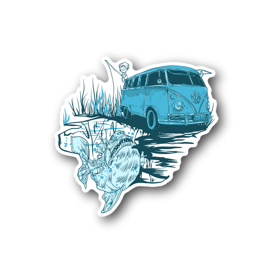 Vinyl sticker with blue van, fisher, and fish silhouette outline