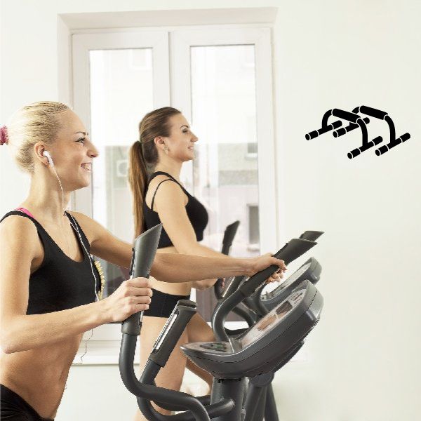 Fitness wall decal vinyl: black barbell and weight icon.