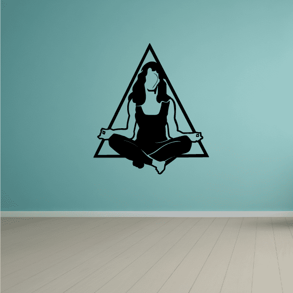 Yoga fitness wall decal of seated woman in triangle meditation pose, black vinyl