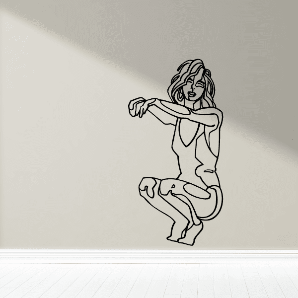Fitness vinyl wall decal of a woman doing a squat pose in black outline