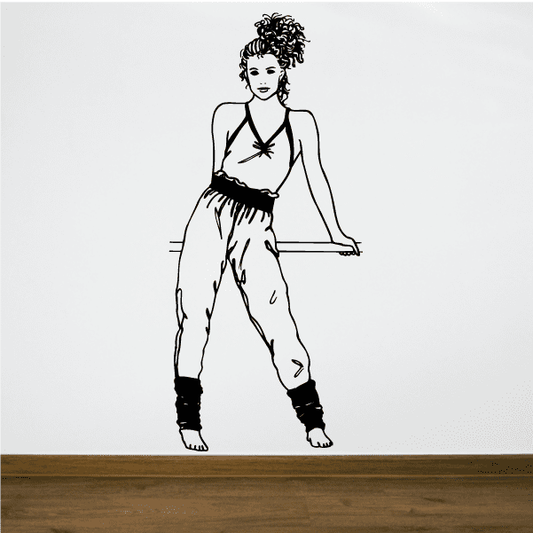 Fitness wall decal vinyl: line art woman doing fitness pose, curly hair