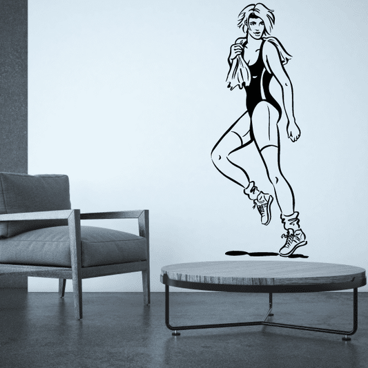 Fitness wall decal: black silhouette woman in workout pose with raised arm