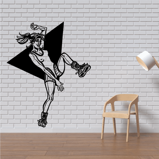 Black vinyl wall decal of a standing woman with flowing hair and boots.