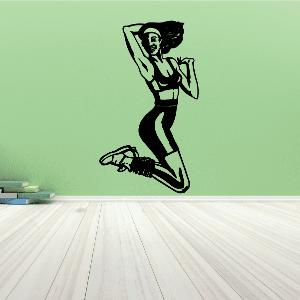 Fitness wall decal vinyl sticker of a stylized woman stretching with dumbbells