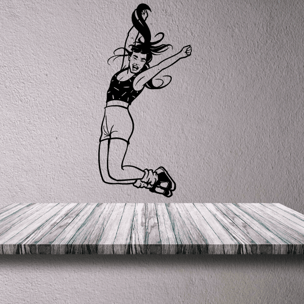 Fitness wall decal of a woman stretching in lunge pose, black vinyl silhouette