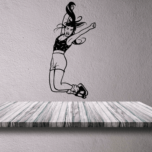 Fitness wall decal of a woman stretching in lunge pose, black vinyl silhouette