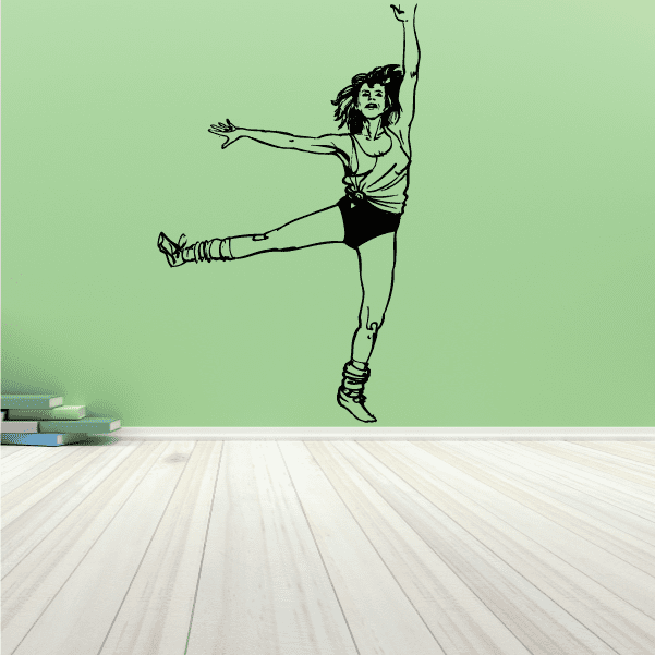Fitness wall decal of black female exercise silhouette, arms out and one leg bent