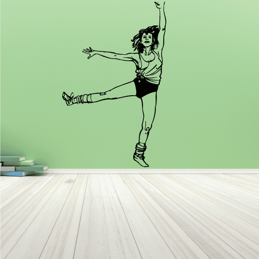 Fitness wall decal of black female exercise silhouette, arms out and one leg bent