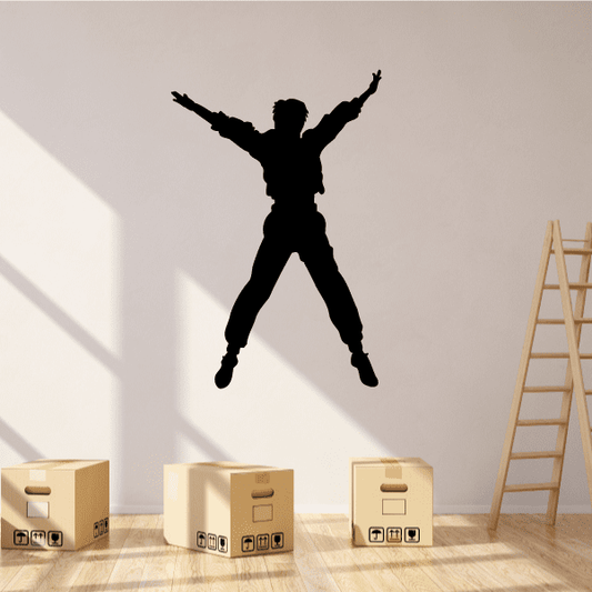 Fitness wall vinyl decal featuring raised-arms silhouette